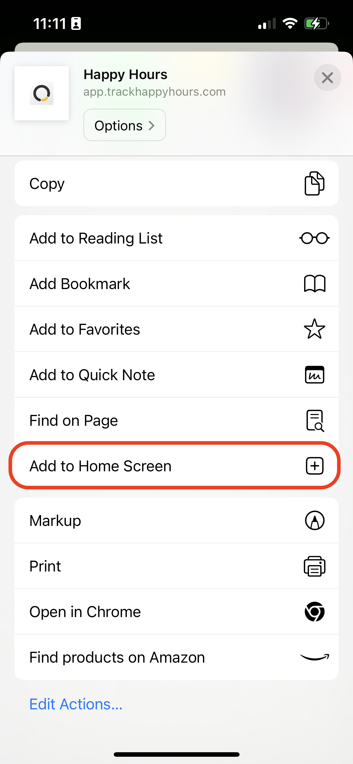 iOS share sheet with Add to Home Screen highlighted