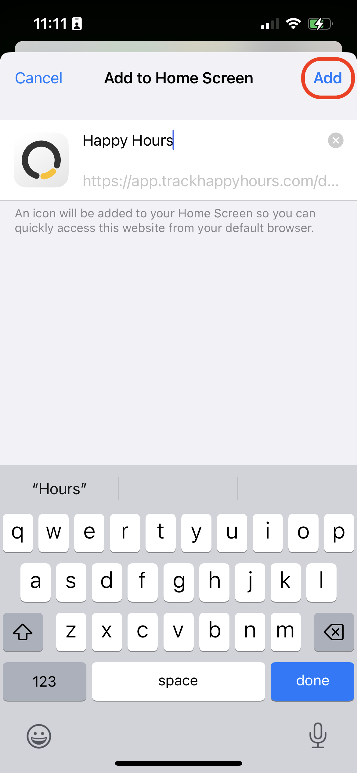 Add to Home Screen confirmation dialog with the Add button