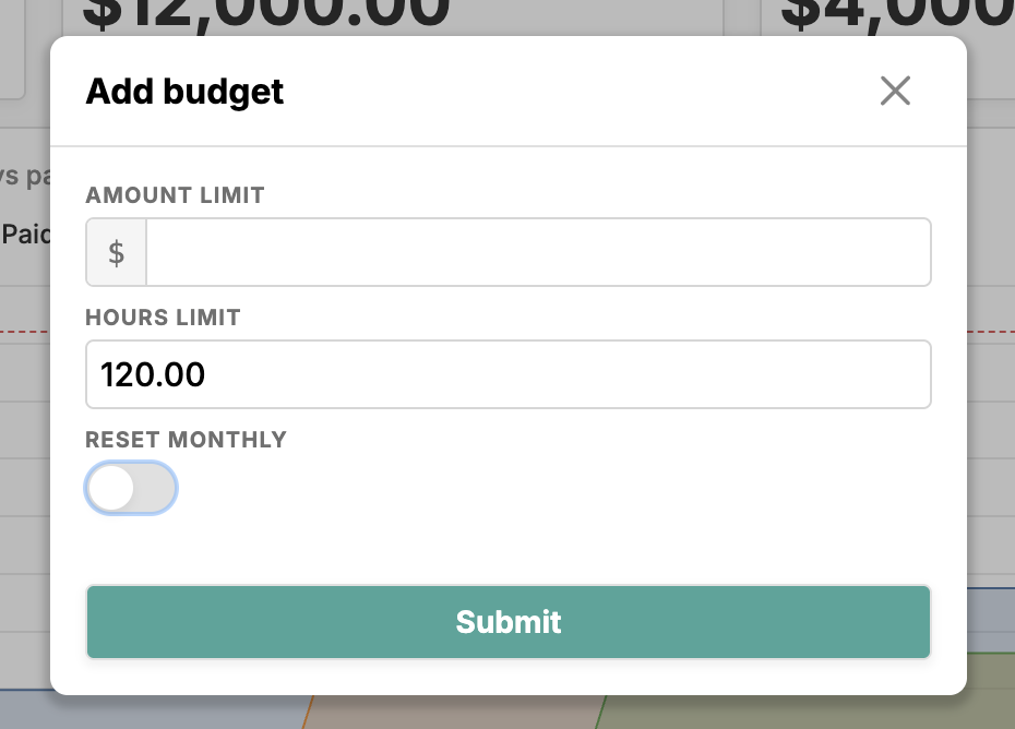 Add budget form with a dollar amount limit, an hours limit, and a reset monthly toggle