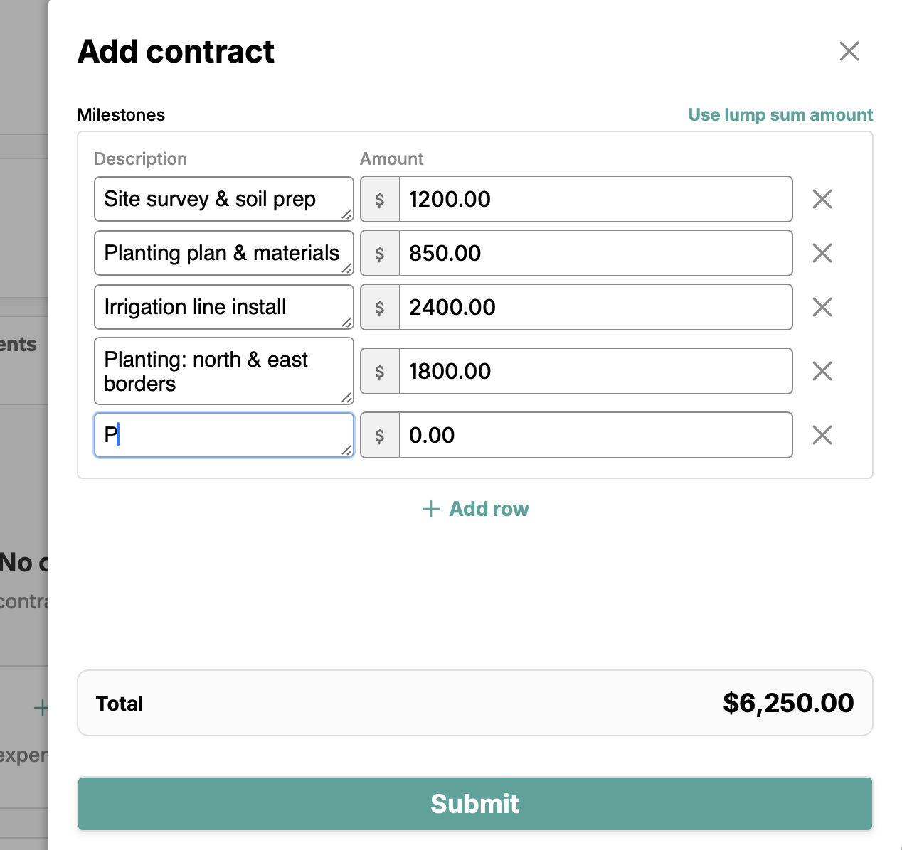 Project contract setup showing rates, payment terms, and PO number