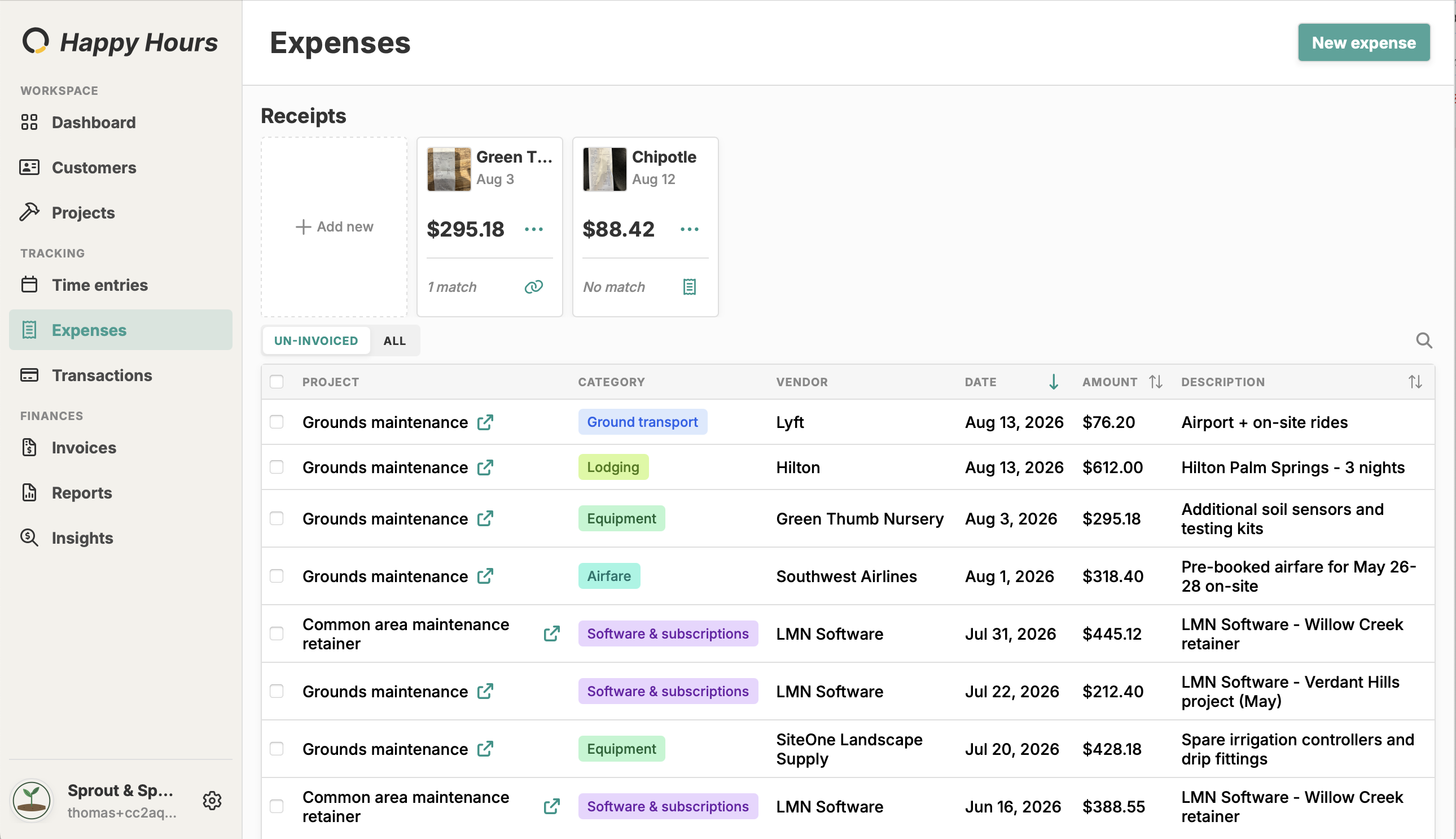 Expense management dashboard showing categorized expenses and totals