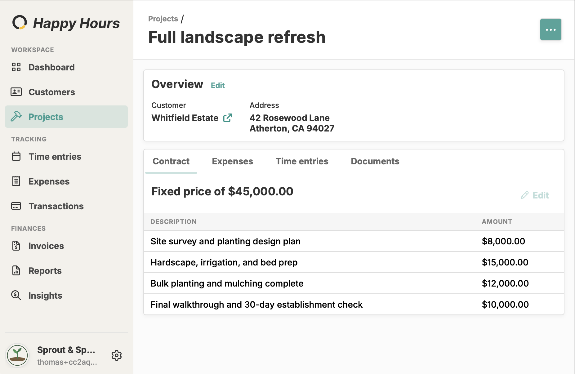 Project detail view with rates, hours, expenses, and profitability