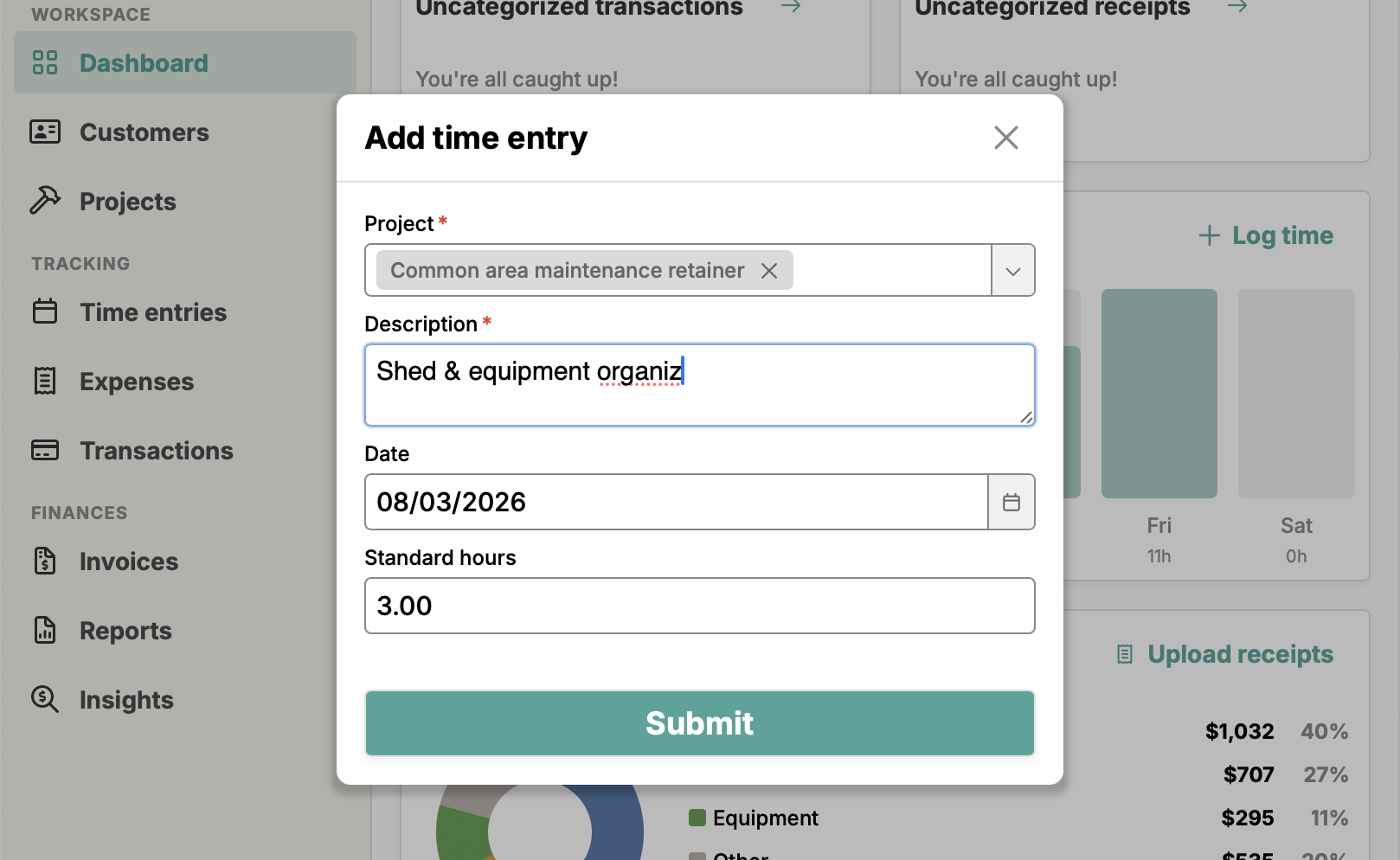Time entry interface showing hours logged against projects