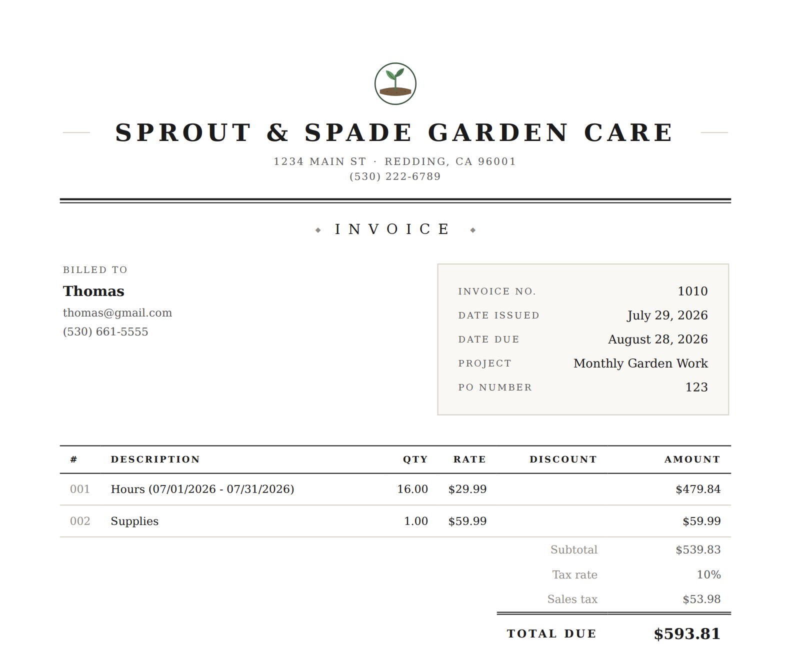 Example invoice with header, line items, and total due