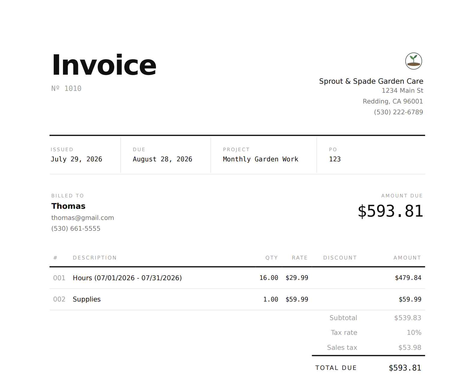Example invoice showing amount due layout
