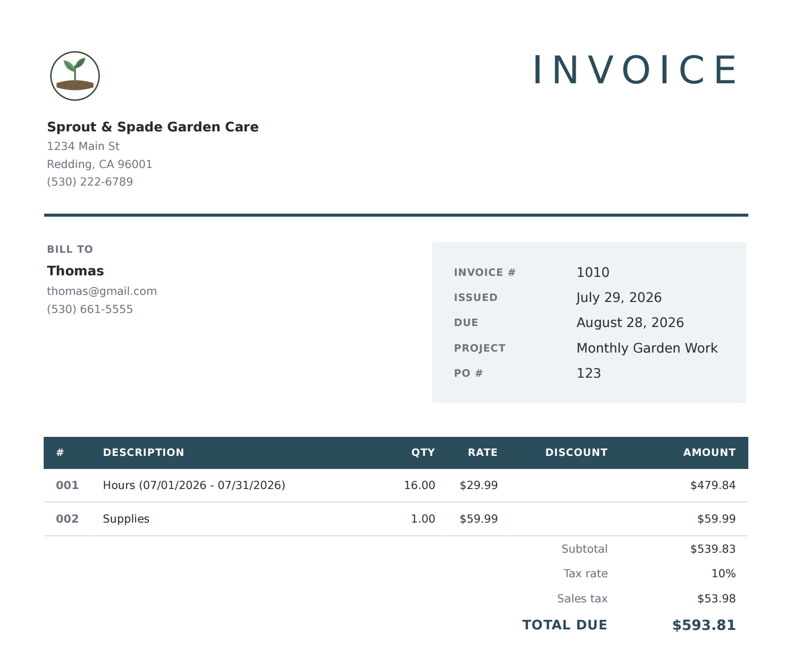 Example invoice with alternate styling