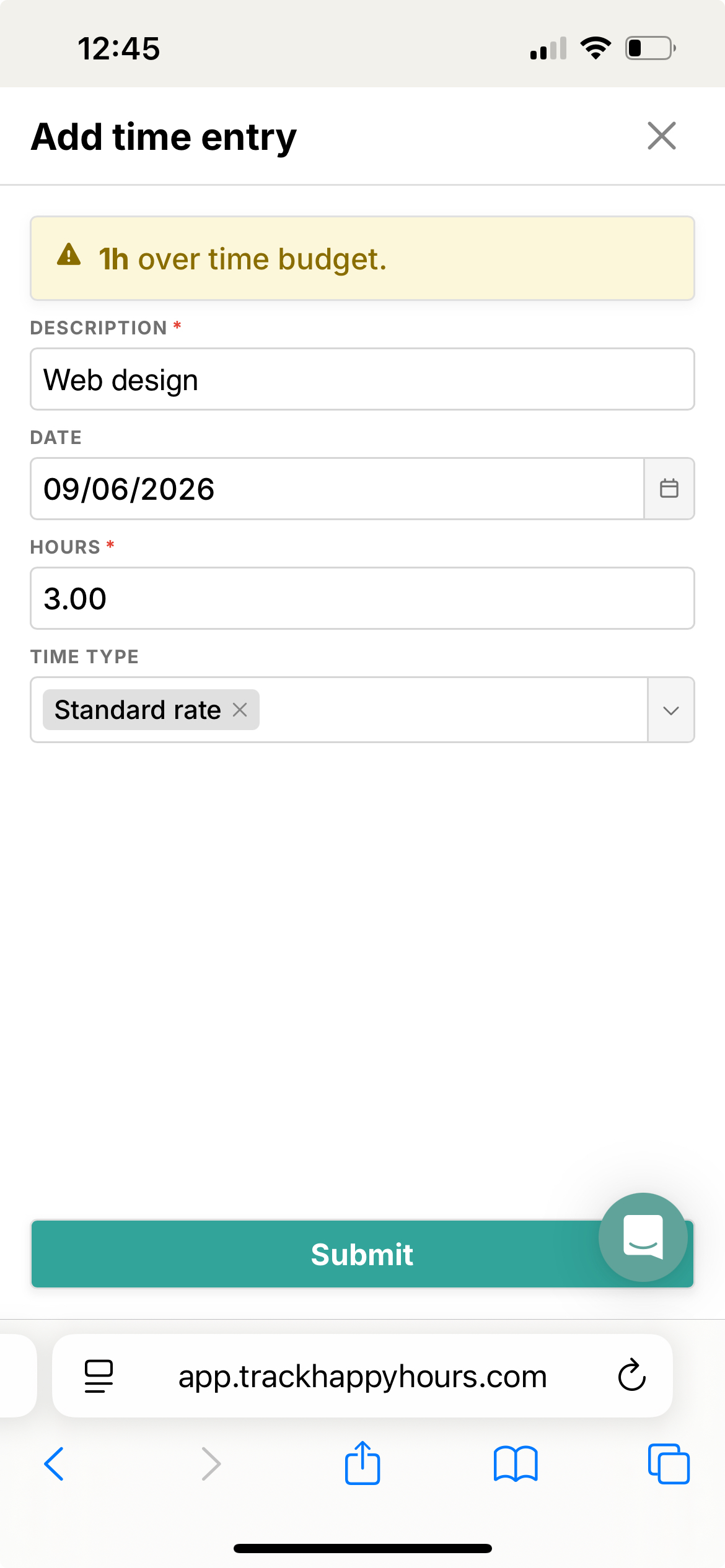 Add time entry form on mobile showing a warning that the entry is one hour over the time budget