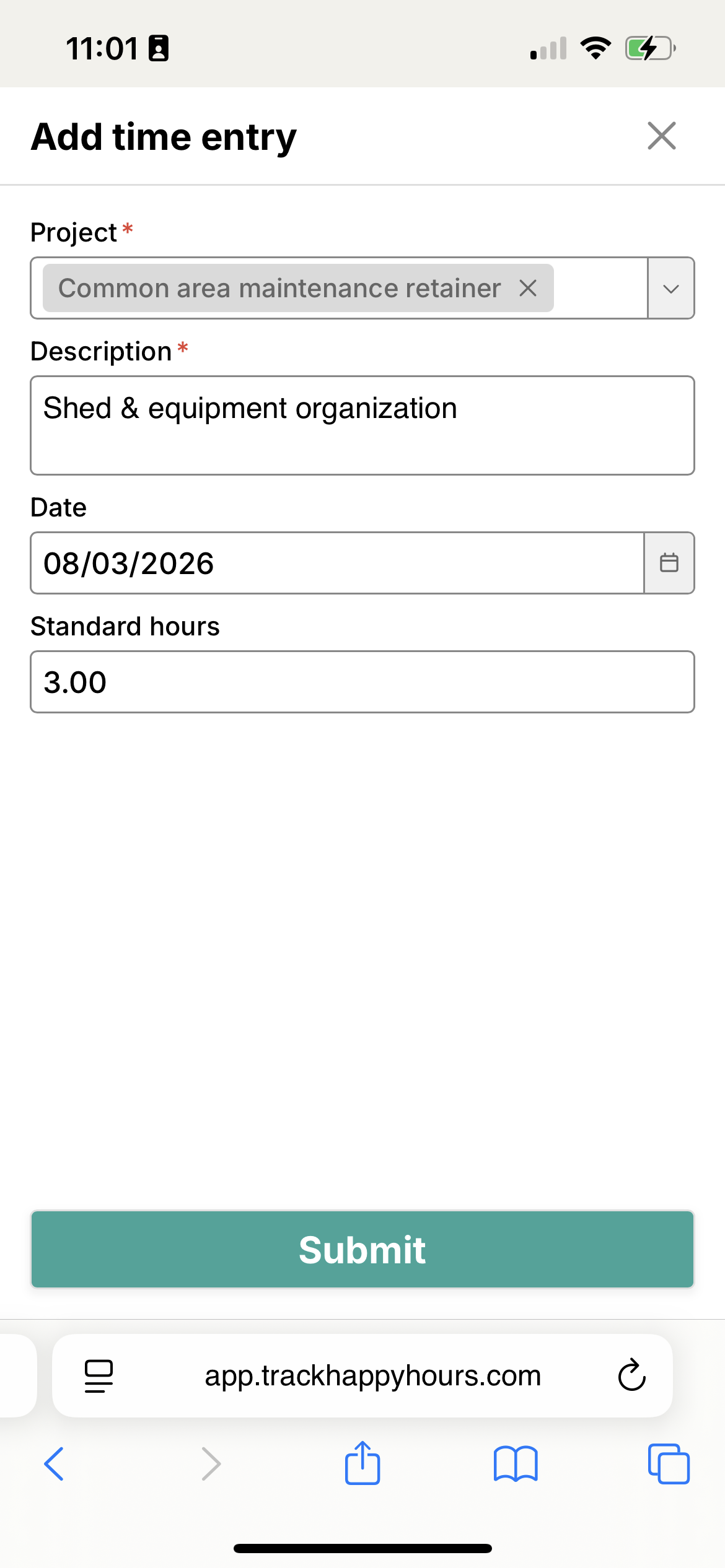 Time entry screen on mobile